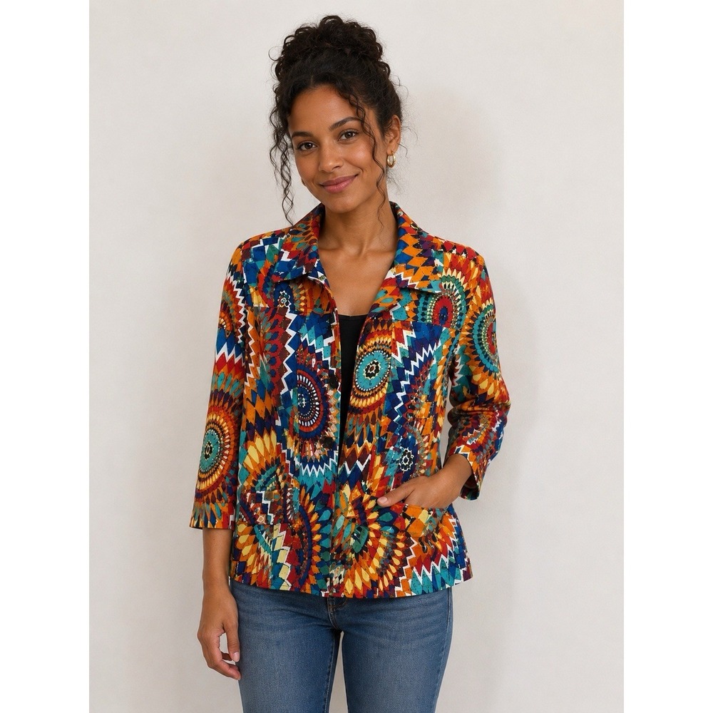 CHICO'S JACKET SIZE 0 (ZERO)LINED, COLORFUL,  POCKETS 3/4 SLEEVES  COTTON BLEND